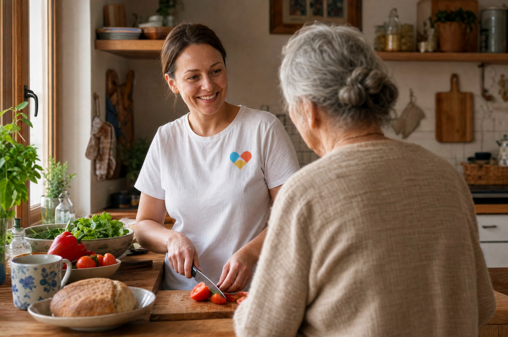 Opiekunka pomaga seniorce przy wspólnym gotowaniu w kuchni